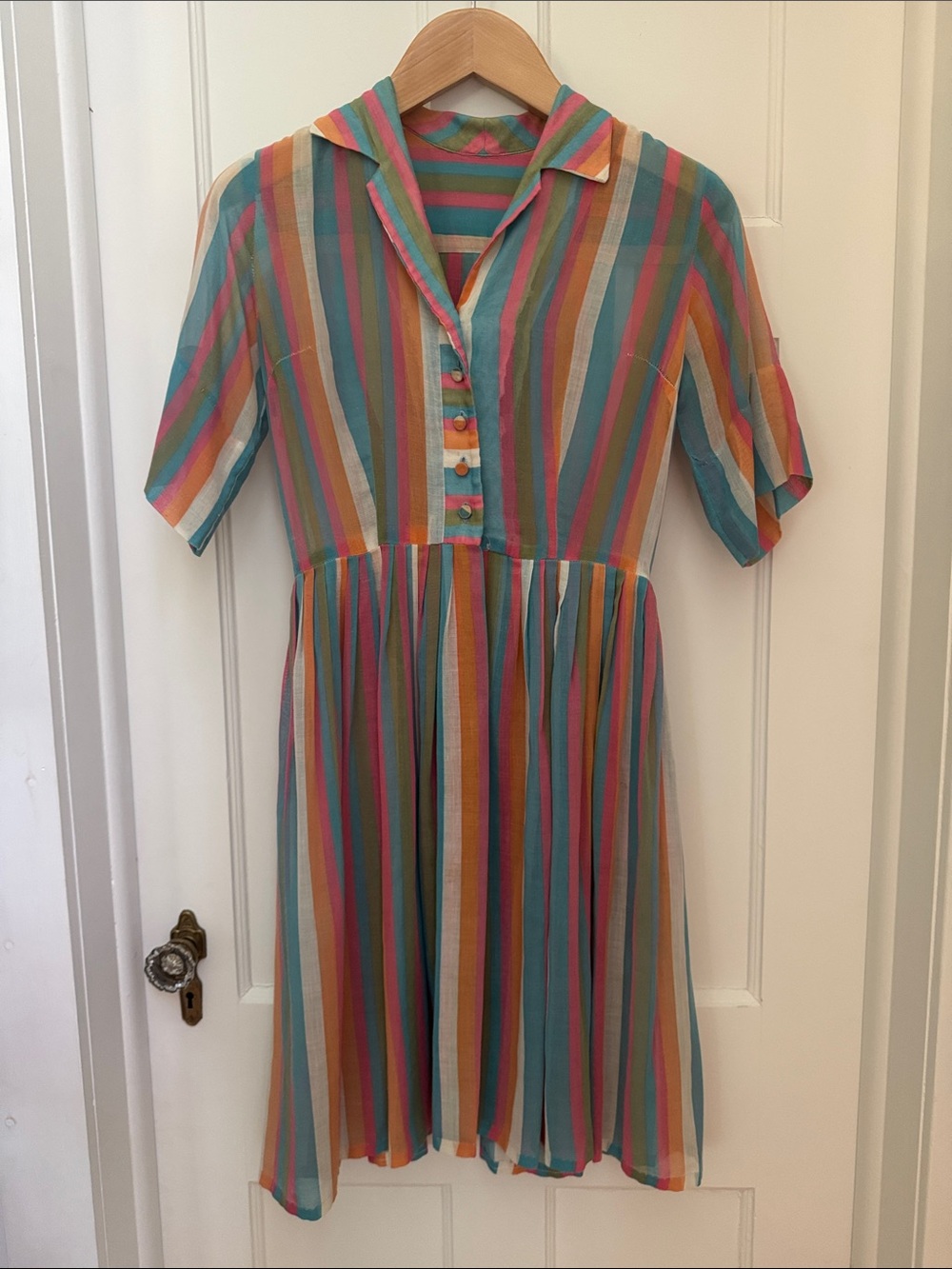 Women’s ' Multicolor Vintage Stripe Shirt Dress - Teal, Coral & Yellow